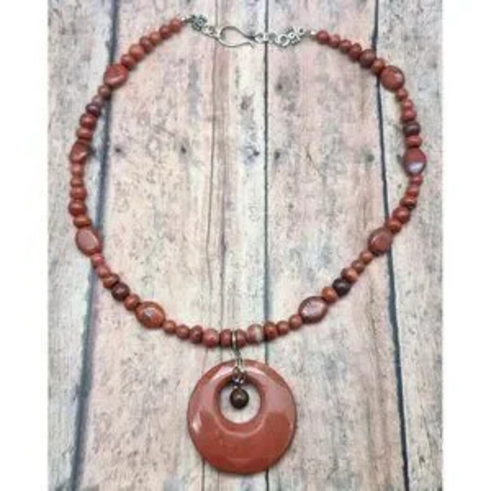 Artisan 2 Piece Set Red Jasper Natural Stone Pendant Necklace & Wrap Bracelet